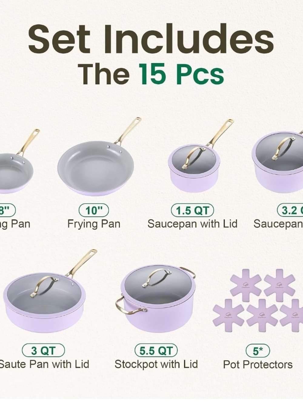 Chef Power 15pc Ceramic Nonstick Cookware Set Purple Induction Oven Safe - Picture 2 of 7